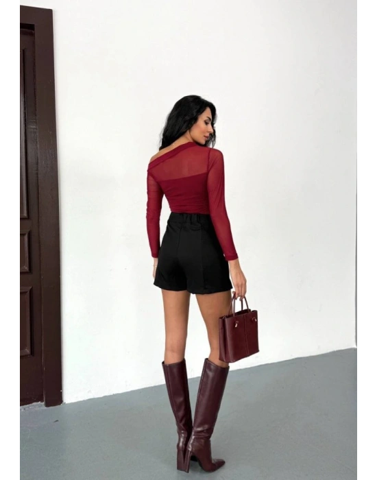 Kadın Uzun Kollu Omuz Dekoltesi Ve Transparan Tül Detay Bluz