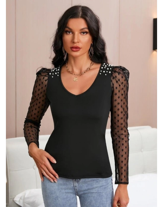 Kadın Uzun Kollu Omuz Inci Kollar Tül Detay Viskon Bluz