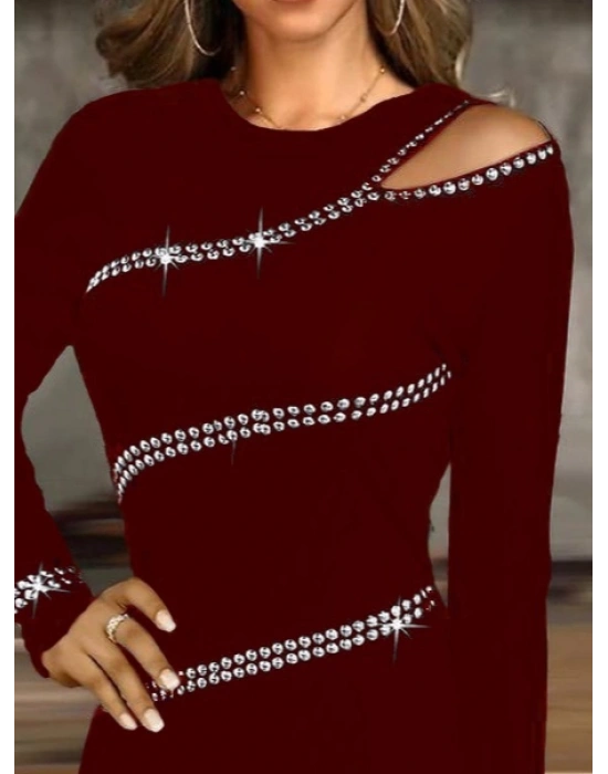 Kadın Uzun Kollu Omuz Pencere Detay Taş Işlemeli Dalgıç Mini Elbise