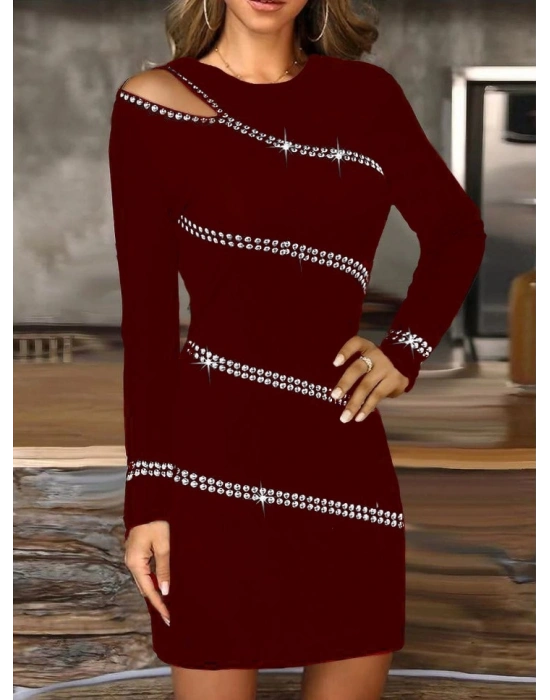 Kadın Uzun Kollu Omuz Pencere Detay Taş Işlemeli Dalgıç Mini Elbise