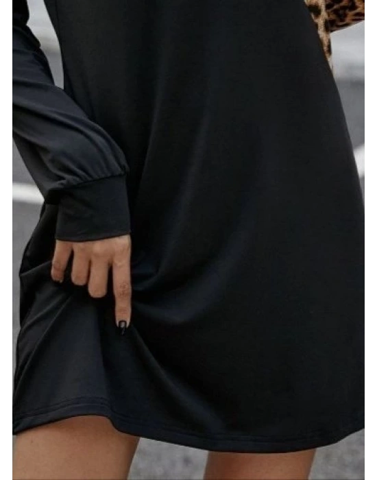 Kadın Uzun Kollu Omuzdan Açık Leopar Desenli Viskon Iki Iplik Mini Elbise