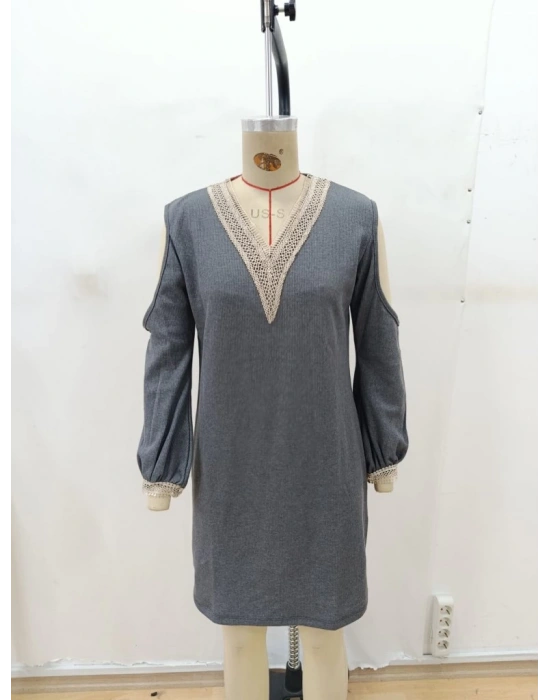 Kadın Uzun Kollu Omuzdan Açık V Dantel Yakalı Mini Waffle Elbise