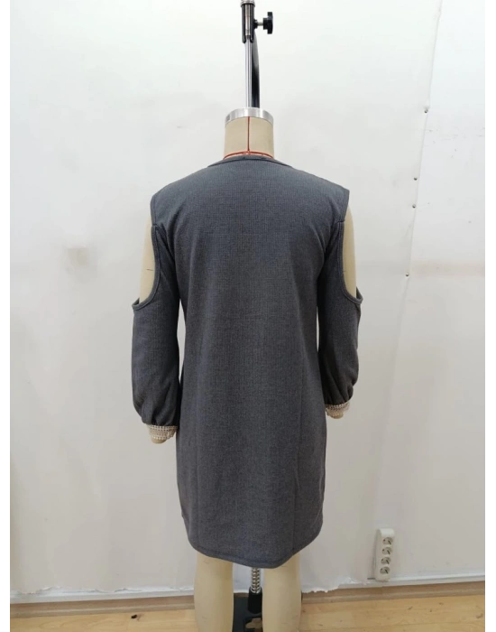 Kadın Uzun Kollu Omuzdan Açık V Dantel Yakalı Mini Waffle Elbise