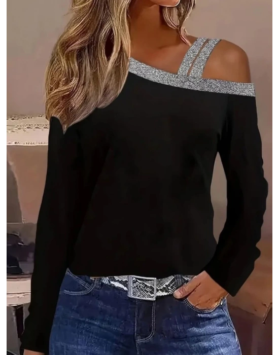 Kadın Uzun Kollu Omuzdan Askılı Sim Detaylı Viskon Iki Iplik Bluz