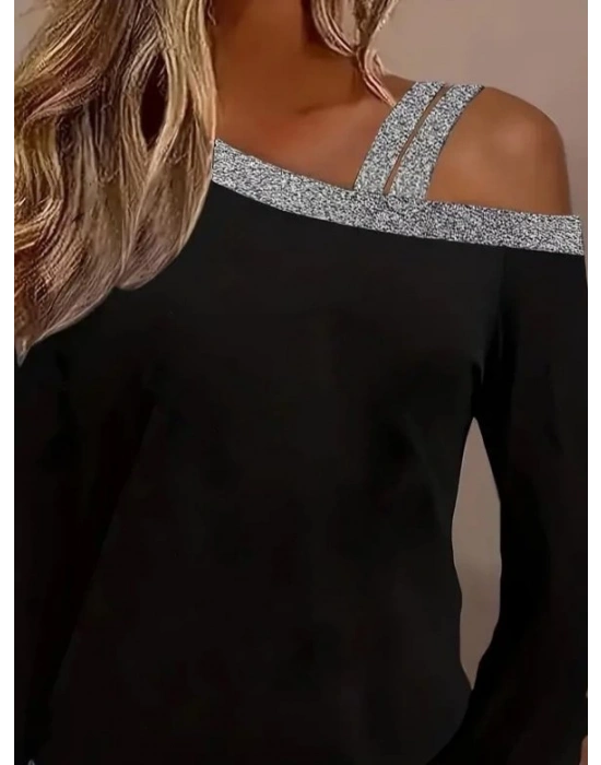 Kadın Uzun Kollu Omuzdan Askılı Sim Detaylı Viskon Iki Iplik Bluz