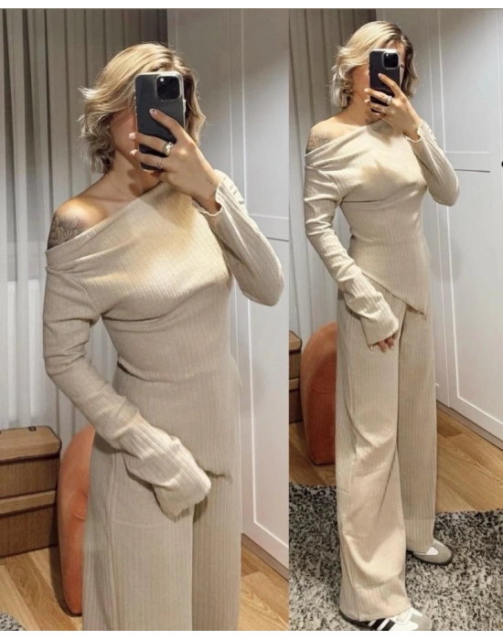 Kadın Uzun Kollu Omuzlardan Açık Asimetrik Kesim Kaşkorse Bluz Ve Pantolon Ikili Pantolon