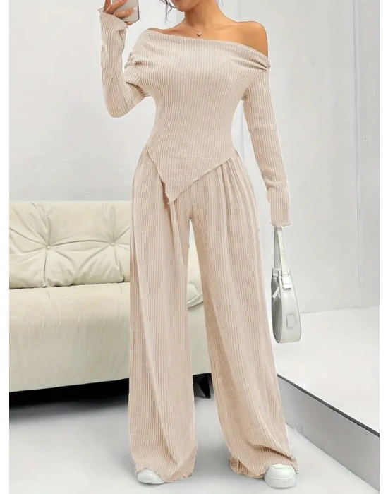 Kadın Uzun Kollu Omuzlardan Açık Asimetrik Kesim Kaşkorse Bluz Ve Pantolon Ikili Pantolon