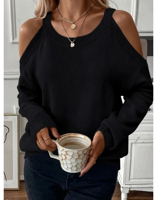 Kadın Uzun Kollu Omuzlardan Açık Askılı Triko Bluz