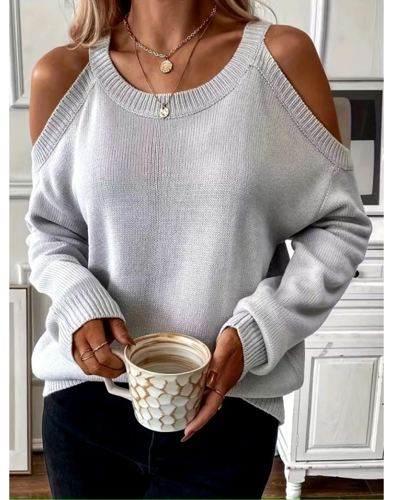 Kadın Uzun Kollu Omuzlardan Açık Askılı Triko Bluz