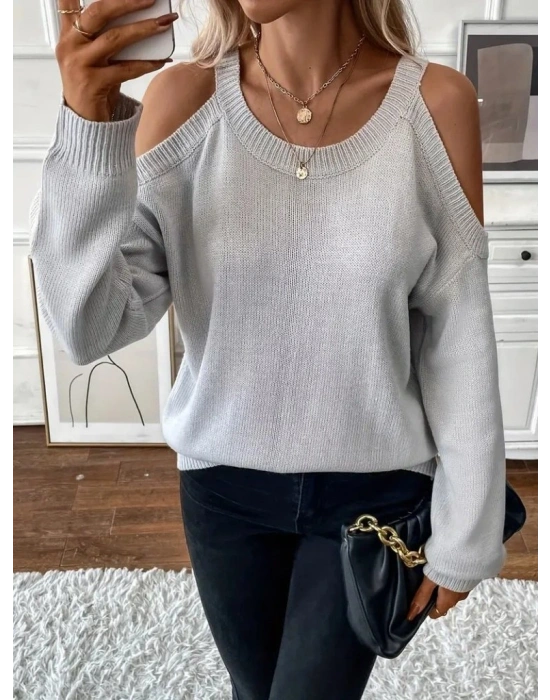 Kadın Uzun Kollu Omuzlardan Açık Askılı Triko Bluz