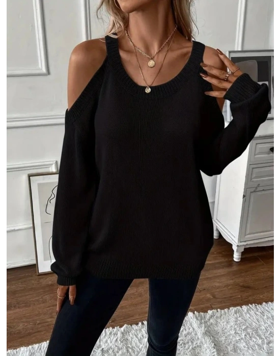 Kadın Uzun Kollu Omuzlardan Açık Askılı Triko Bluz