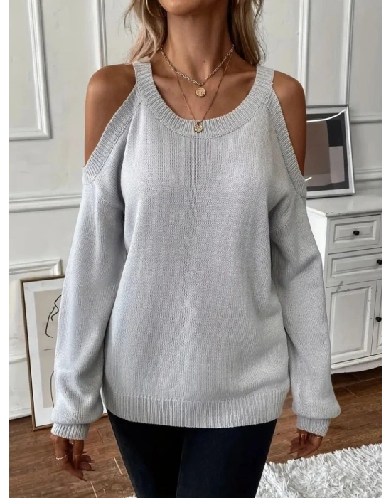 Kadın Uzun Kollu Omuzlardan Açık Askılı Triko Bluz