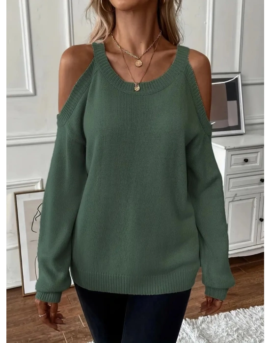 Kadın Uzun Kollu Omuzlardan Açık Askılı Yuvarlak Yaka Triko Bluz