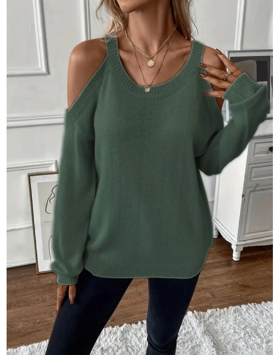 Kadın Uzun Kollu Omuzlardan Açık Askılı Yuvarlak Yaka Triko Bluz