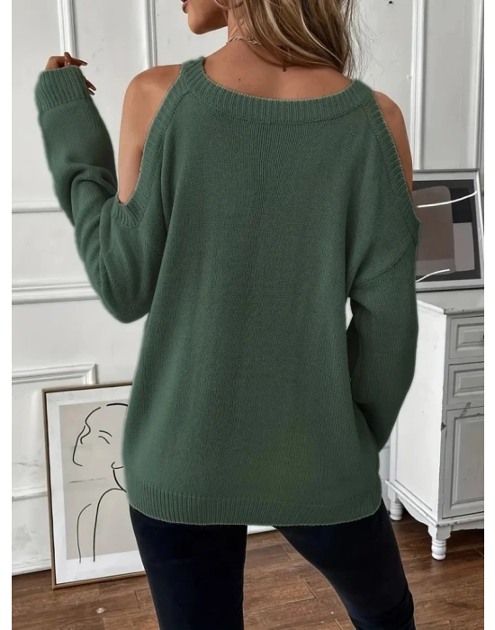 Kadın Uzun Kollu Omuzlardan Açık Askılı Yuvarlak Yaka Triko Bluz