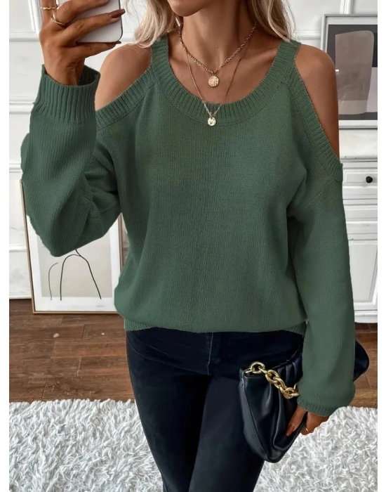 Kadın Uzun Kollu Omuzlardan Açık Askılı Yuvarlak Yaka Triko Bluz