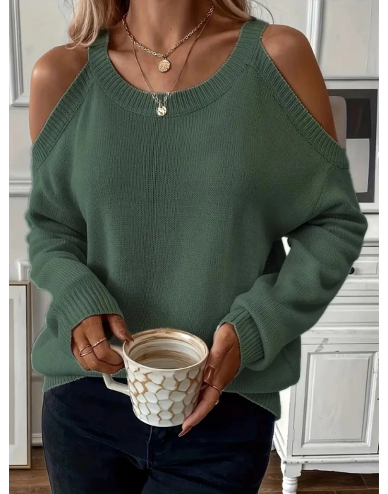 Kadın Uzun Kollu Omuzlardan Açık Askılı Yuvarlak Yaka Triko Bluz