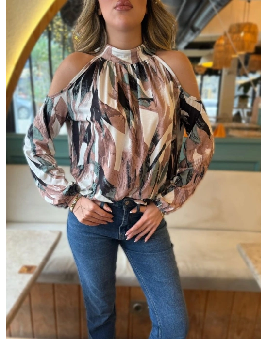 Kadın Uzun Kollu Omuzlardan Açık Balıkçı Yaka Desenli Süprem Bluz