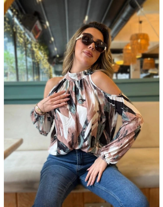 Kadın Uzun Kollu Omuzlardan Açık Balıkçı Yaka Desenli Süprem Bluz
