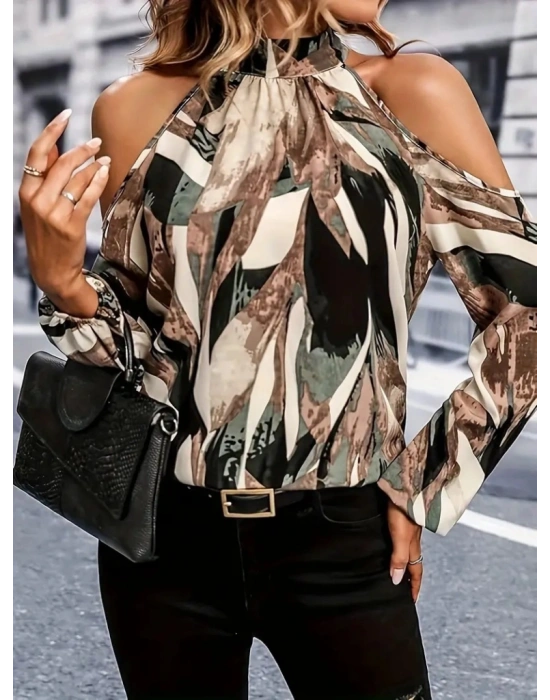 Kadın Uzun Kollu Omuzlardan Açık Balıkçı Yaka Desenli Süprem Bluz