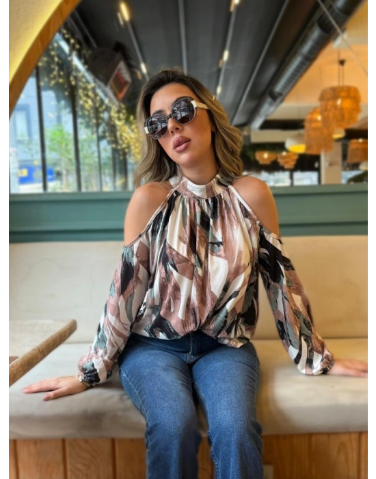 Kadın Uzun Kollu Omuzlardan Açık Balıkçı Yaka Desenli Süprem Bluz
