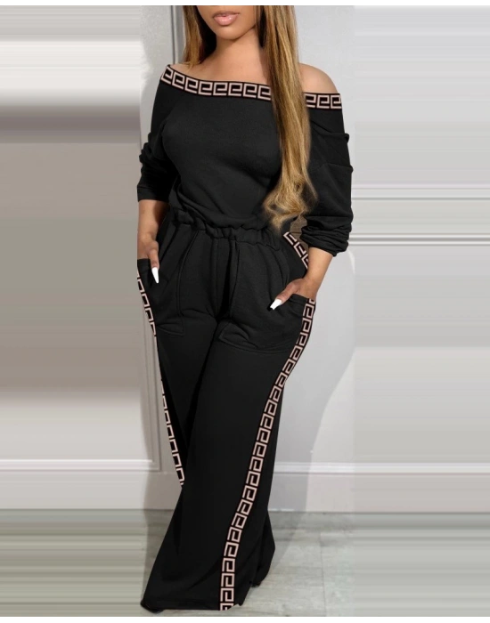 Kadın Uzun Kollu Omuzlardan Açık Beli Lastikli Cepli şerit Desenli Viskon Iki Iplik Tulum