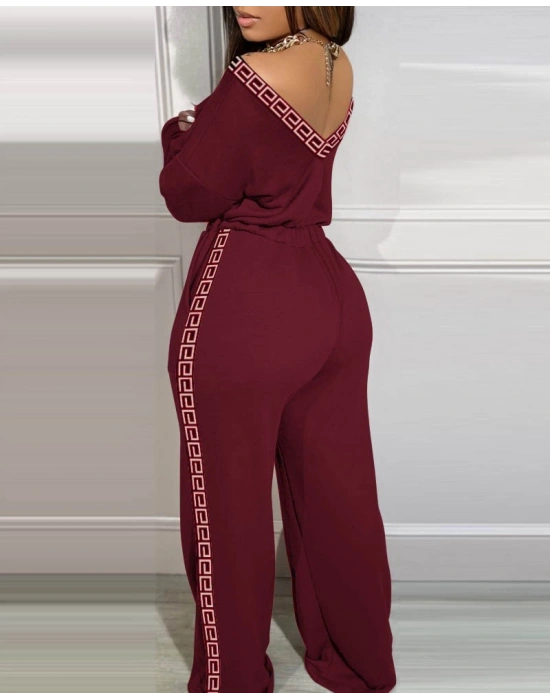 Kadın Uzun Kollu Omuzlardan Açık Beli Lastikli Cepli şerit Desenli Viskon Iki Iplik Tulum