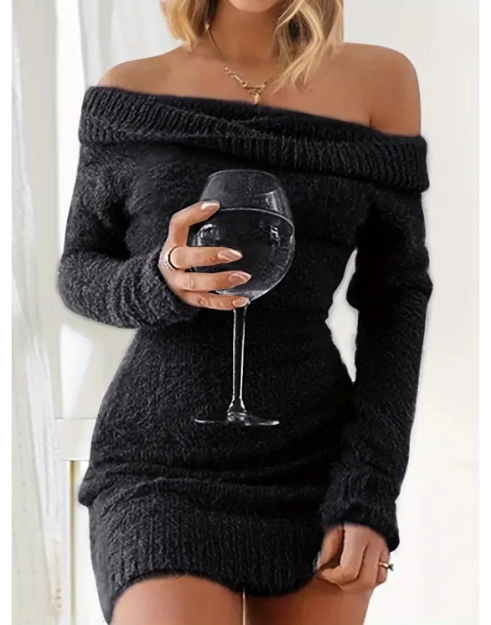 Kadın Uzun Kollu Omuzlardan Açık Kısa şardonlu Triko Elbise