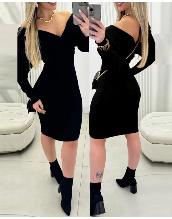 Kadın Uzun Kollu Omuzlardan Açık Kruvaze Yaka Kısa Triko Elbise