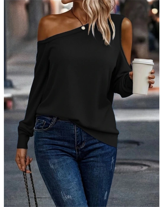 Kadın Uzun Kollu Omuzlardan Açık Salaş Viskon Iki Iplik Bluz