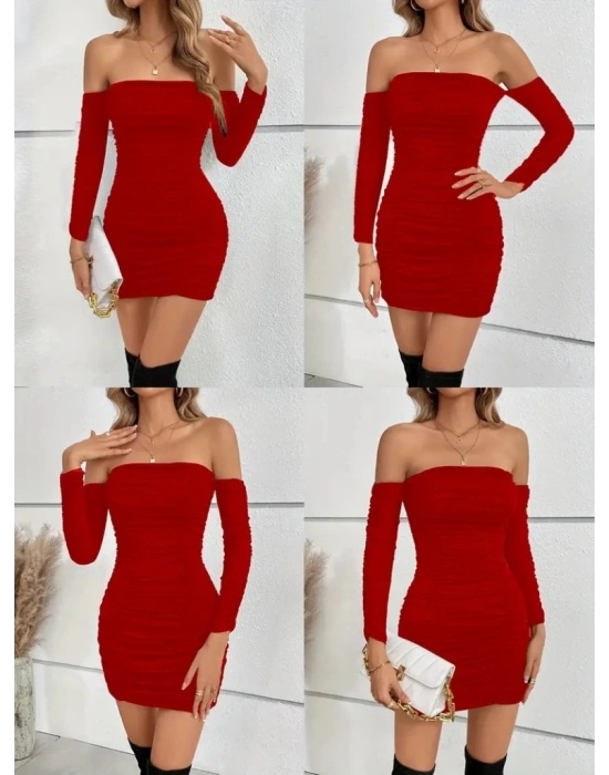 Kadın Uzun Kollu Omuzlardan Açık Takma Kollu Büzgülü Sandy Kısa Elbise