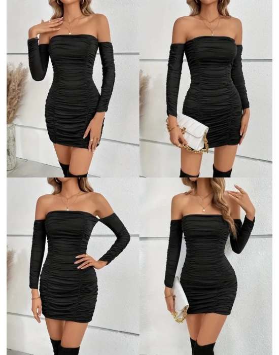 Kadın Uzun Kollu Omuzlardan Açık Takma Kollu Büzgülü Sandy Kısa Elbise