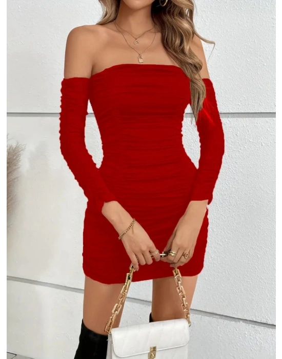 Kadın Uzun Kollu Omuzlardan Açık Takma Kollu Büzgülü Sandy Kısa Elbise