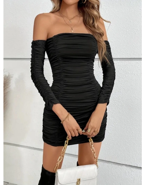 Kadın Uzun Kollu Omuzlardan Açık Takma Kollu Büzgülü Sandy Kısa Elbise