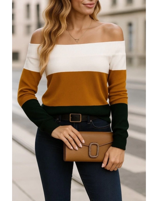 Kadın Uzun Kollu Omuzlardan Açık Uzun Kollu Blok çizgili Triko Bluz