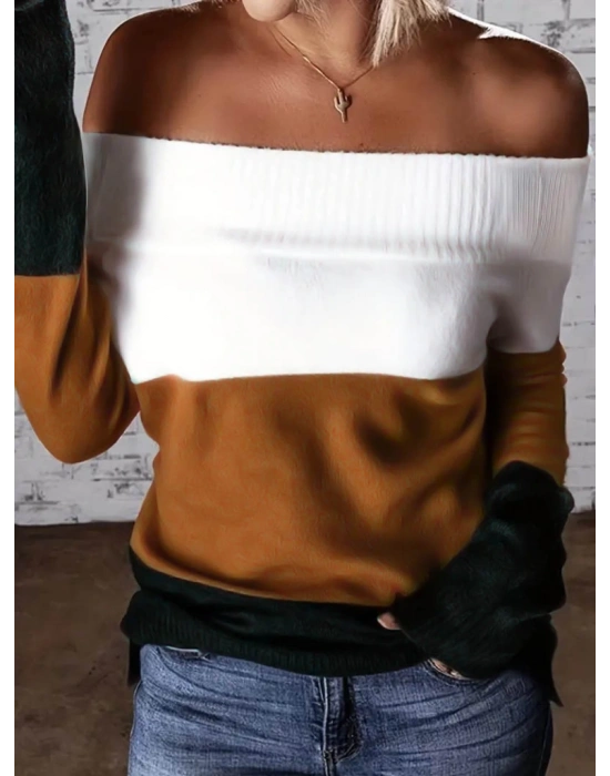 Kadın Uzun Kollu Omuzlardan Açık Uzun Kollu Blok çizgili Triko Bluz