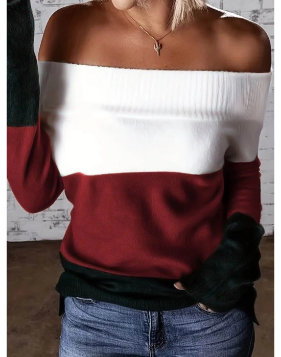 Kadın Uzun Kollu Omuzlardan Açık Uzun Kollu Blok çizgili Triko Bluz