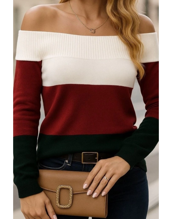 Kadın Uzun Kollu Omuzlardan Açık Uzun Kollu Blok çizgili Triko Bluz