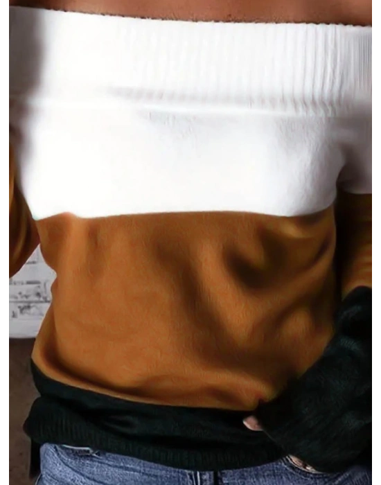 Kadın Uzun Kollu Omuzlardan Açık Uzun Kollu Blok çizgili Triko Bluz