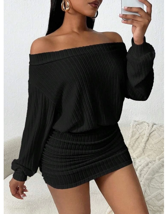 Kadın Uzun Kollu Omuzlardan Açık Yanlardan Büzgülü şardonlu Kaşkorse Elbise