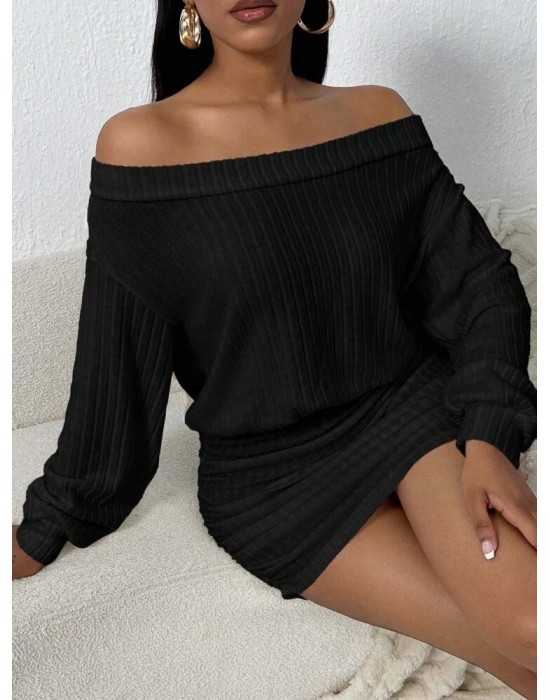 Kadın Uzun Kollu Omuzlardan Açık Yanlardan Büzgülü şardonlu Kaşkorse Elbise