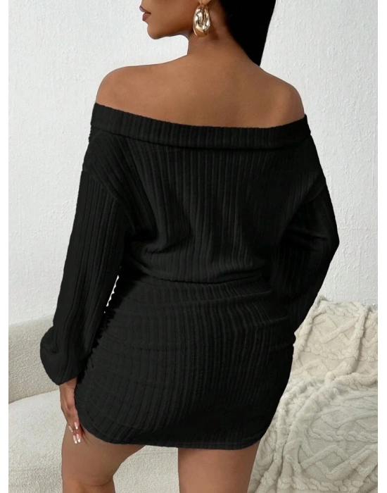 Kadın Uzun Kollu Omuzlardan Açık Yanlardan Büzgülü şardonlu Kaşkorse Elbise