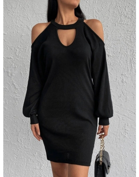 Kadın Uzun Kollu Omuzları Açık Boyundan şerit Detay Kaşkorse Elbise