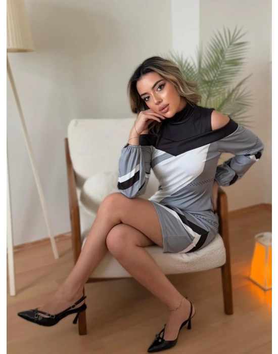 Kadın Uzun Kollu Omuzları Açık Uzun Kollu Balıkçı Yaka Desenli şardonlu Dalgıç Kısa Elbise