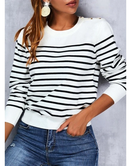 Kadın Uzun Kollu Omuzu Düğme Detay çizgili Triko Kazak