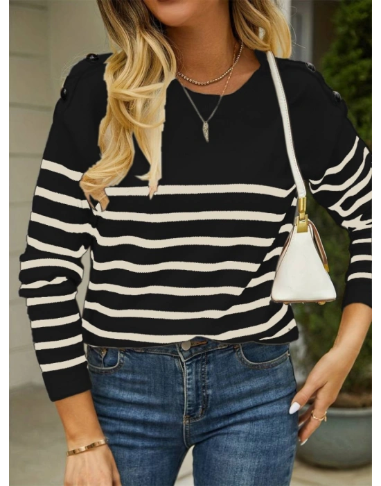 Kadın Uzun Kollu Omuzu Düğme Detay çizgili Triko Kazak