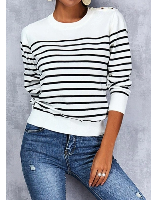 Kadın Uzun Kollu Omuzu Düğme Detay çizgili Triko Kazak