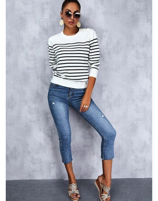 Kadın Uzun Kollu Omuzu Düğme Detay çizgili Triko Kazak
