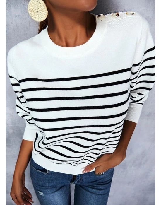 Kadın Uzun Kollu Omuzu Düğme Detay çizgili Triko Kazak