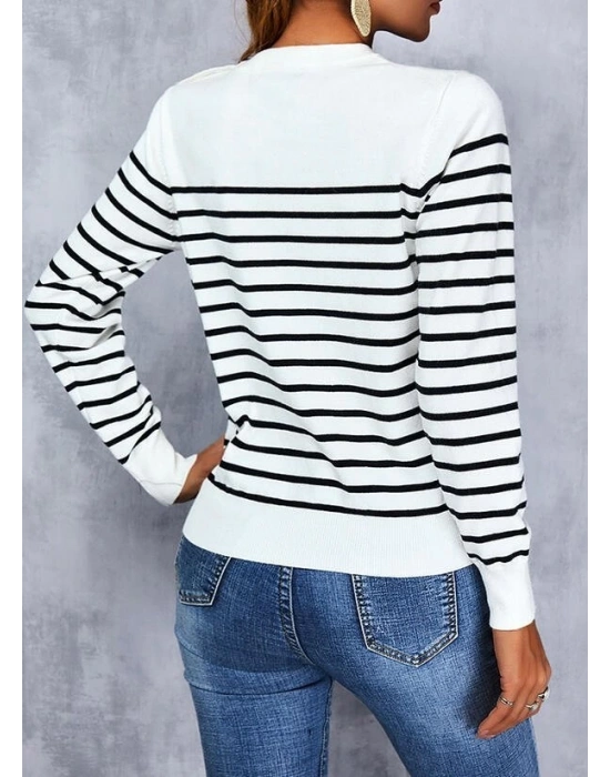 Kadın Uzun Kollu Omuzu Düğme Detay çizgili Triko Kazak
